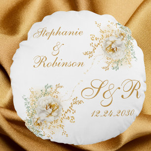 Goldenes Blumenmonogramm-Logo-Hochzeitsgeschenk Rundes Kissen