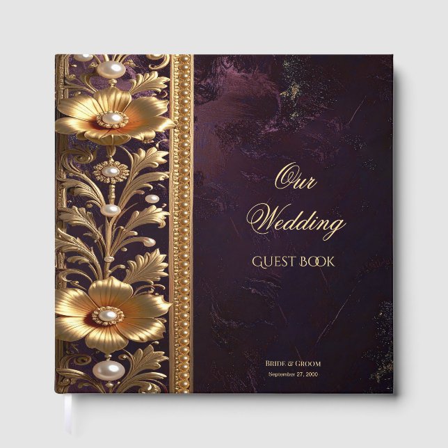 Goldenes Blumenornament mit Perlen Gästebuch (Vorderseite)