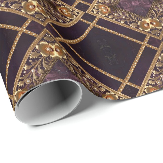 Goldenes Blumenornament mit Perlen Geschenkpapier (Rolleneckpunkt)