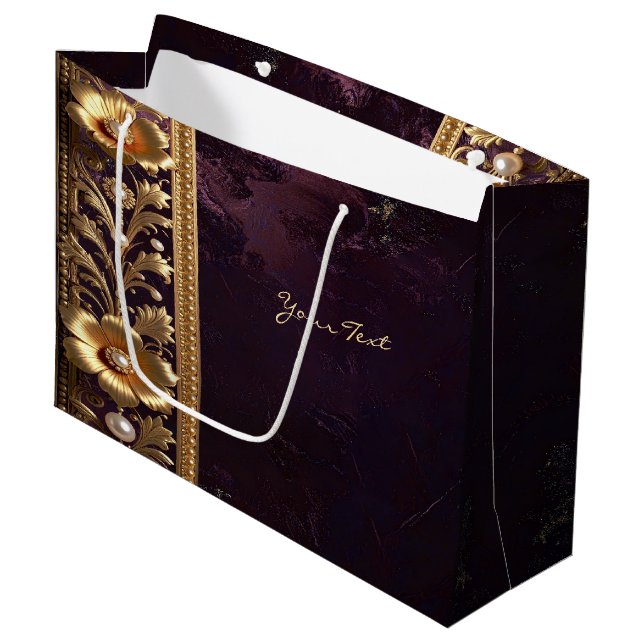 Goldenes Blumenornament mit Perlen Geschenktasche Große Geschenktüte (Vorderseite Schrägansicht)