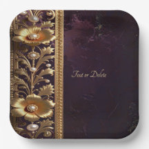 Goldenes Blumenornament mit Perlen-Papierteller