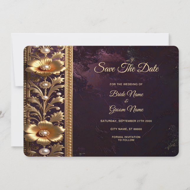 Goldenes Blumenornament mit Perlen Save The Date (Vorderseite)