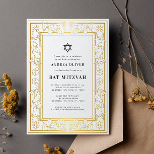 Goldenes Blumenrahmen-Stardavid Bar Bat Mitzwa Einladung