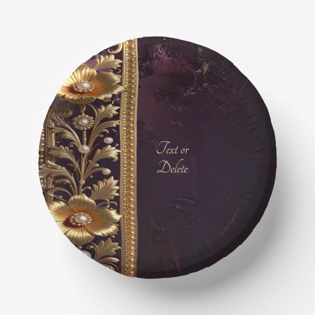 Goldenes Blumenschmuck-Ornament mit Perlen-Papier- Pappteller (Vorderseite)
