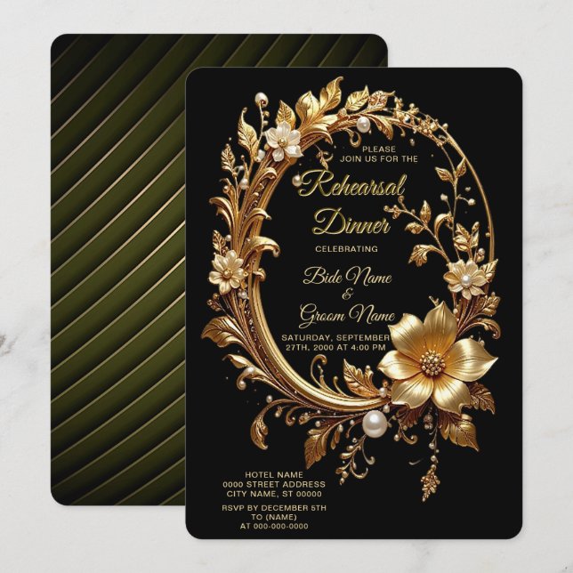 Goldenes Blumenschmuck-Rahmen-Probeessen Einladung (Vorne/Hinten)