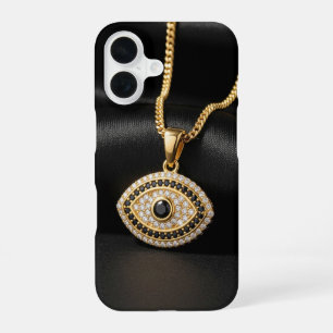 Goldenes Böse-Augen-Halsband auf schwarzer Seidens iPhone 16 Hülle
