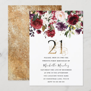 Goldenes Burgund Floral Elegant 21. Geburtstag Par Einladung