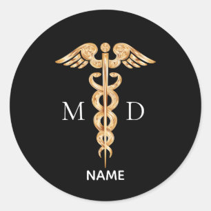 Goldenes Caduceus-Symbol und Monogramm für Ärzte C Runder Aufkleber
