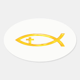 Goldenes christliches Fisch-Symbol mit Kruzifix Ovaler Aufkleber