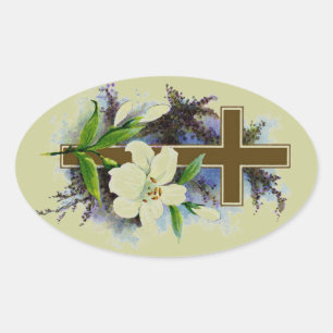 Goldenes christliches Kreuz Ovaler Aufkleber