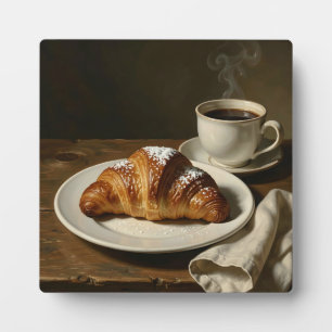 Goldenes Croissant Kaffee Stilleben Fotoplatte