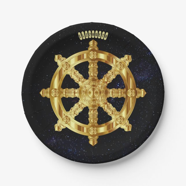 Goldenes Dharma Rad-Buddhismus-und Pappteller (Vorderseite)