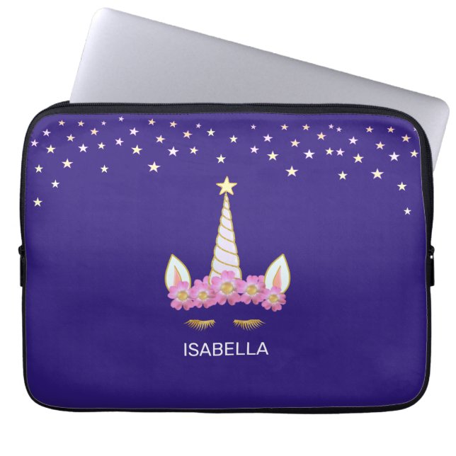 Goldenes Einhorn, Blume & Sterne auf Indigoblau Laptopschutzhülle (Vorderseite)