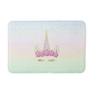 Goldenes Einhorn, Blumen & Sterne auf Pastellfarbe Badematte
