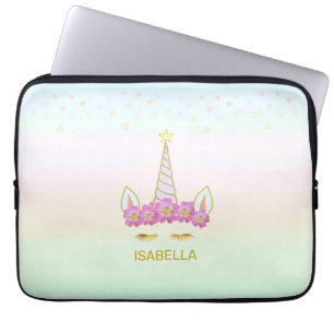 Goldenes Einhorn, Blumen & Sterne in Pastellfarben Laptopschutzhülle
