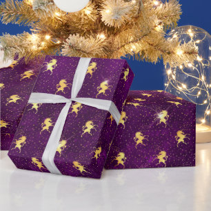 Goldenes Einhorn-Gitternetz auf Tiefpurpur Geschenkpapier