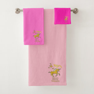Goldenes Einhornpony mit goldenen Sternen (pink) Badhandtuch Set