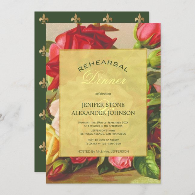 Goldenes, elegantes Abendessen mit Vintager Rose P Einladung (Vorne/Hinten)