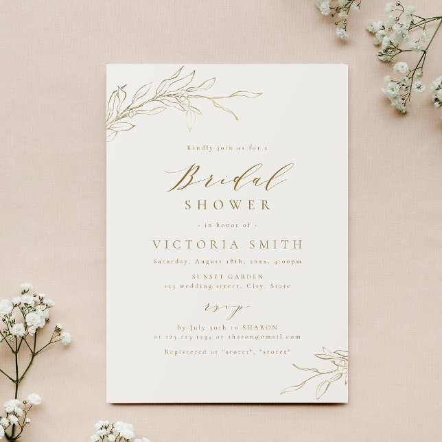 Goldenes, elegantes botanisches rustikales Brautpa Einladung (Gold simple elegant botanical rustic bridal shower invitation)