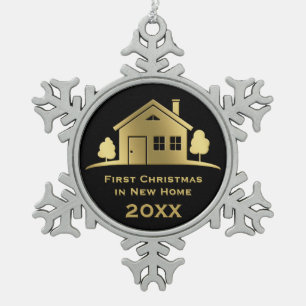 Goldenes erstes Weihnachten im neuen Zuhause 20XX Schneeflocken Zinn-Ornament