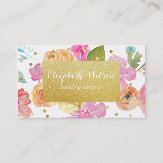 goldenes Etikett und Konfetti auf Aquarellfarben-B Visitenkarte (Vorderseite)