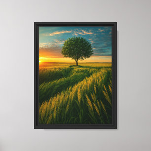 Goldenes Feld Sonnenuntergang Baum Gerahmte Leinwa Leinwanddruck