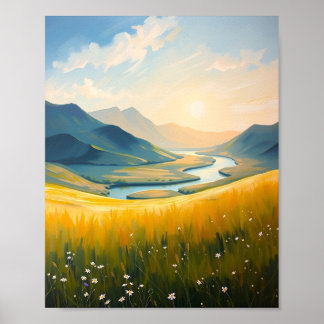 Goldenes Feld und Fluss bei Sonnenuntergang Poster