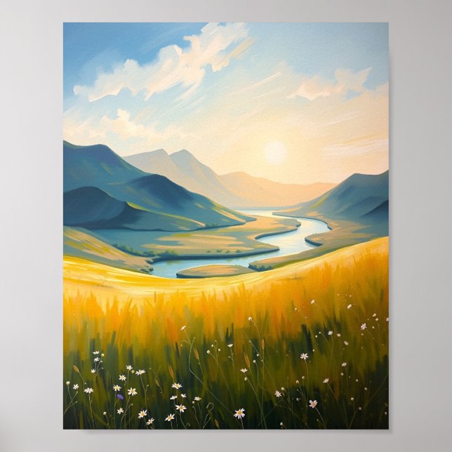 Goldenes Feld und Fluss bei Sonnenuntergang Poster (Vorne)