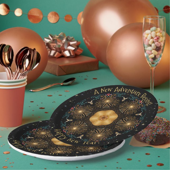 Goldenes Feuerwerk Kaleidoskop - Frohes Neues Jahr Pappteller (Multi)