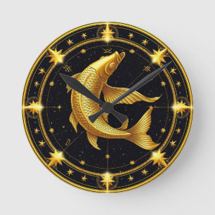 Goldenes Fische-Sternzeichen-Symbol umgeben von St Runde Wanduhr