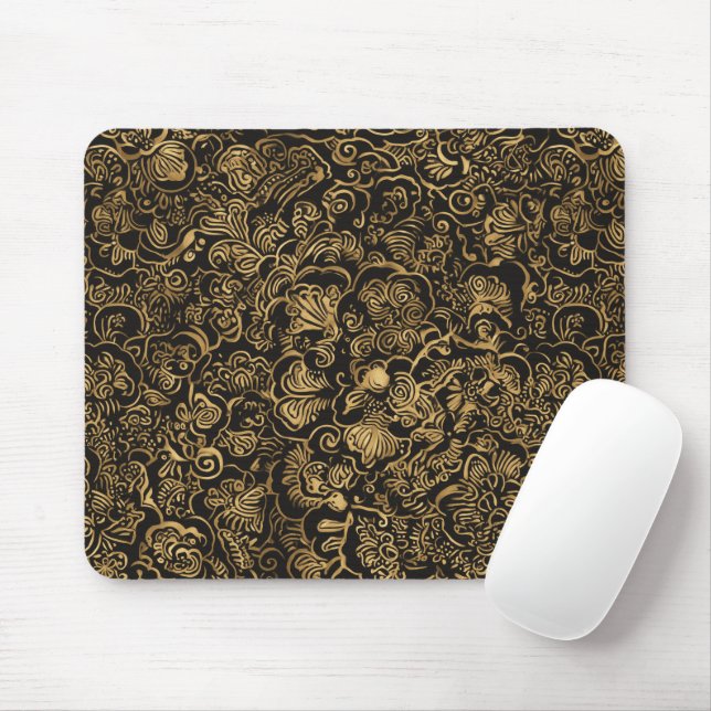 Goldenes florales Barockmuster auf Schwarz Mousepad (Mit Mouse)