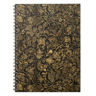 Goldenes florales Barockmuster auf Schwarz Notizblock