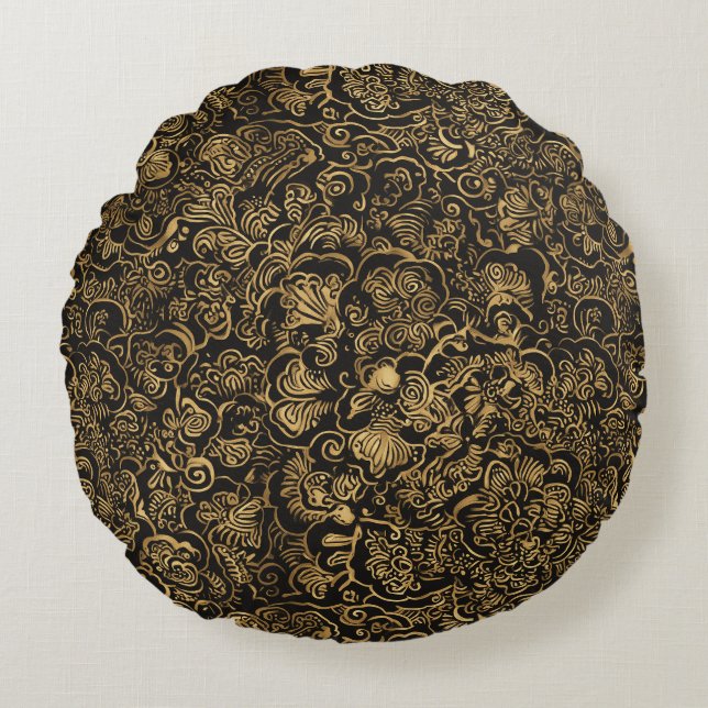 Goldenes florales Barockmuster auf Schwarz Rundes Kissen (Vorderseite)
