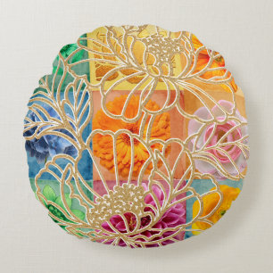 Goldenes florales Mosaik-Rundkissen  Rundes Kissen