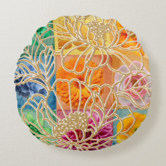 Goldenes florales Mosaik-Rundkissen  Rundes Kissen