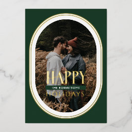 Goldenes Foil Happy Holidays Green Oval Frame Foto Folien Feiertagskarte