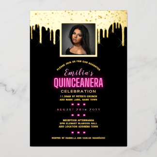 Goldenes FOTO Rosa 15. Geburtstag Quinceanera Foi Folieneinladung