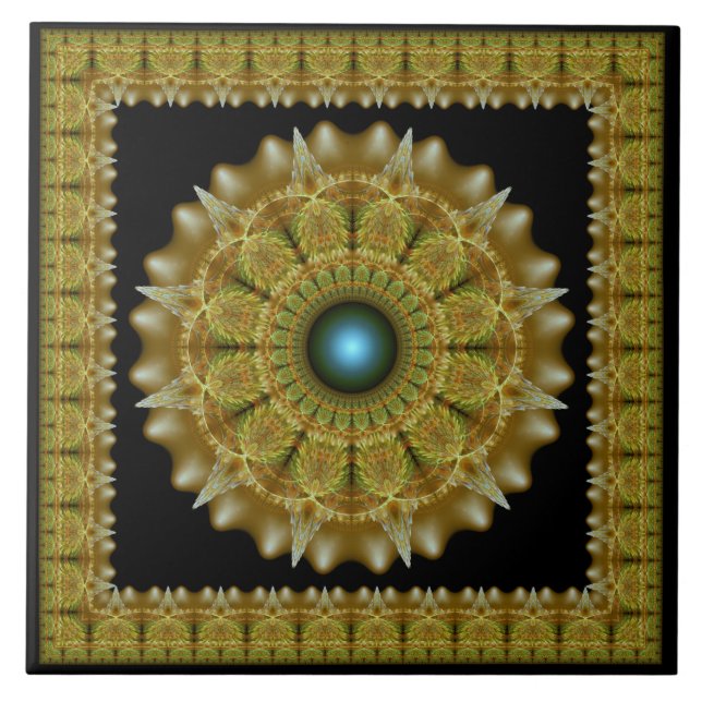Goldenes Fraktal gerahmte Ornament Mandala Fliese (Vorderseite)