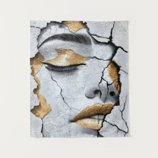 Goldenes Frakturiertes Mädchen Abstractes Porträt Wandteppich