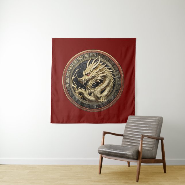 Goldenes geheiligtes östliches Drachenmedaillon Wandteppich (Beispiel)