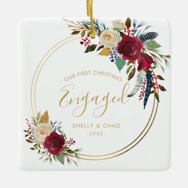 Goldenes geometrisches Foto Unser erstes Weihnacht Keramikornament (Vorderseite)