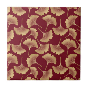 Goldenes Ginkgoblatt-Muster in Burgund für Botanik Fliese