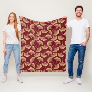 Goldenes Ginkgoblattmuster in Burgund für Botanik Fleecedecke