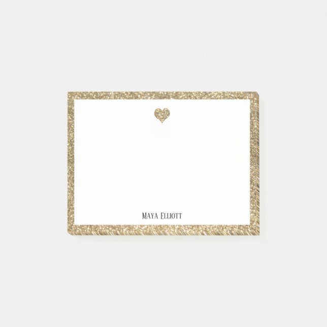 Goldenes Glitzer Herz und Border mit Weiß Post-it Klebezettel (Vorderseite)