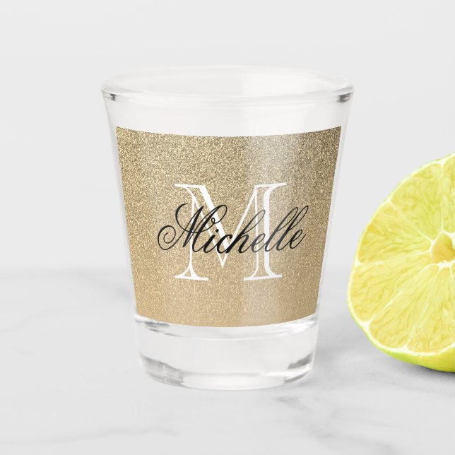 Goldenes Glitzer-Monogramm Schnapsglas (Vorderseite)