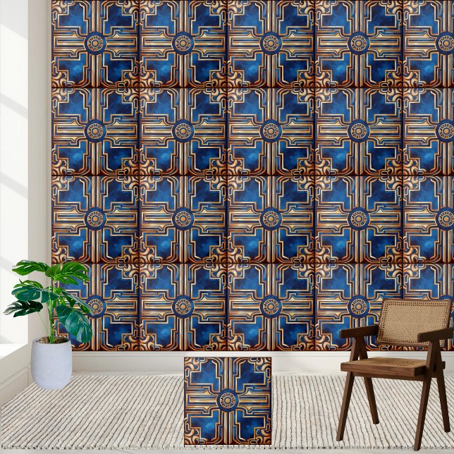 Goldenes griechisches Schlüsselmuster Tile Fliese (Golden Blue Greek Key Pattern Tile)