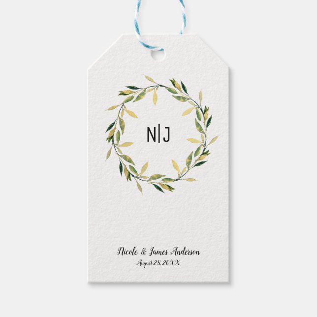 Goldenes grünes Leaf-Wreath Rustikale Hochzeit Geschenkanhänger (Vorderseite)