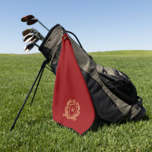 Goldenes Heraldikschild-Monogramm auf Tiefpurpur Golfhandtuch