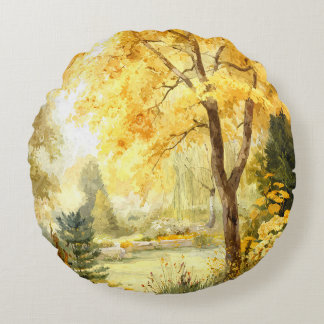 Goldenes Herbstbaum-Wassercolor-Park-Kissen Rundes Kissen