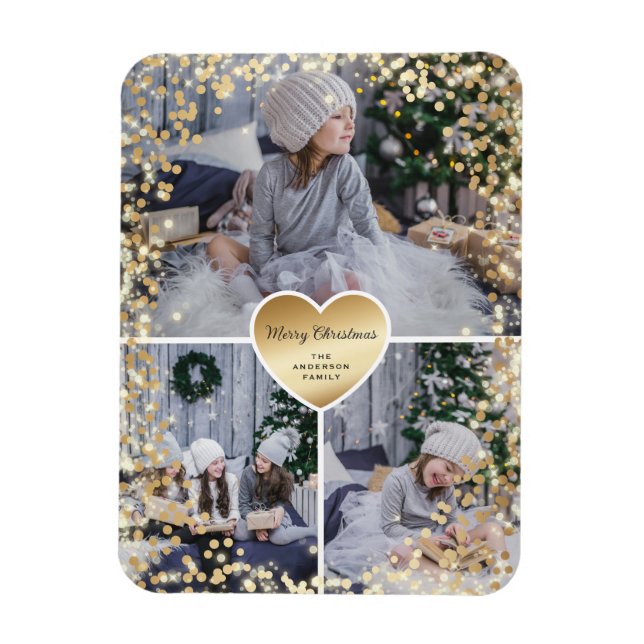 Goldenes Herz Funkelnd Foto Frohe Weihnachten Magnet (Vertikal)